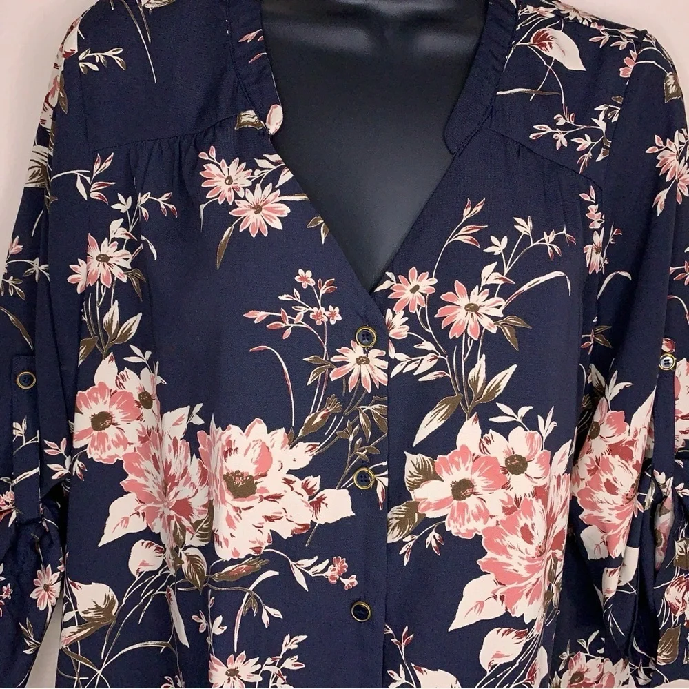 Medium Brixon Ivy Blue Floral Dress Button Front Vneck Pink Floral Print